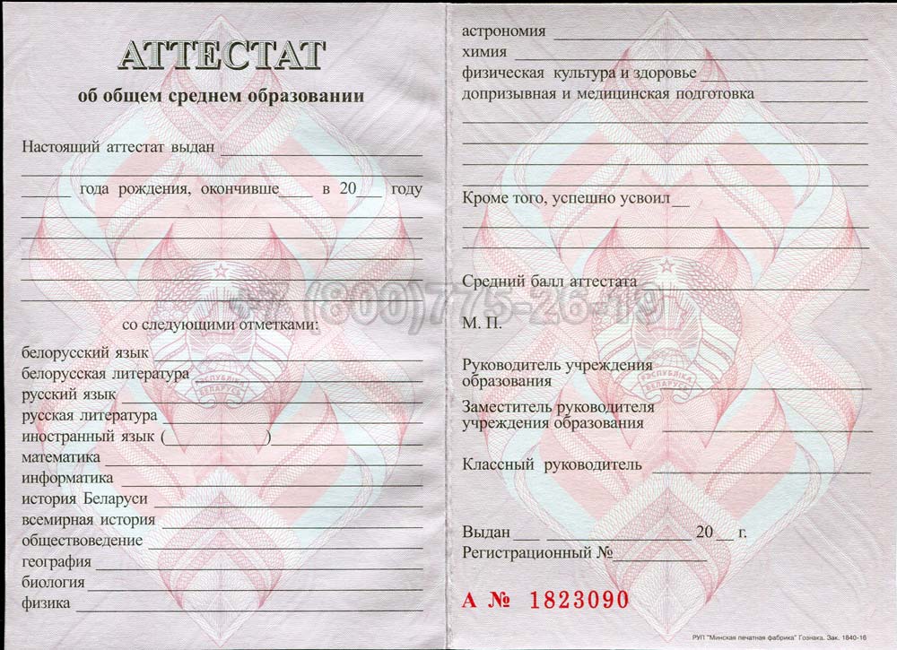 Аттестат о полном среднем образовании Беларуси Гознак 2000-2025 год выпуска г.Омск