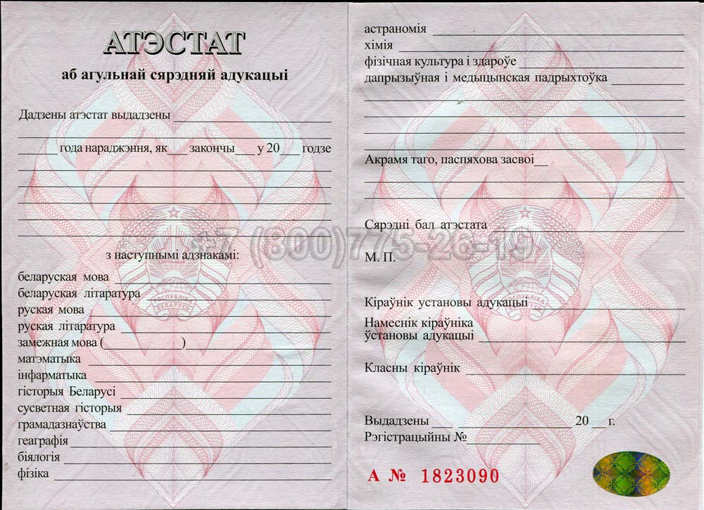 Аттестат о полном среднем образовании Беларуси Гознак 2000-2025 год выпуска г.Омск